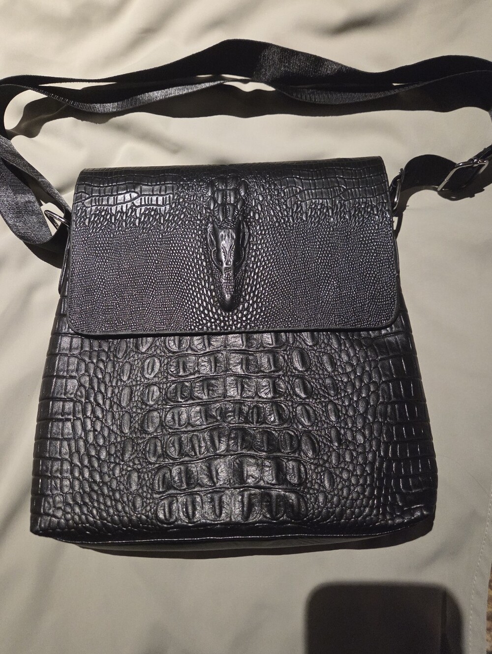 Men's Black Croc-Embossed Leather Crossbody Bag